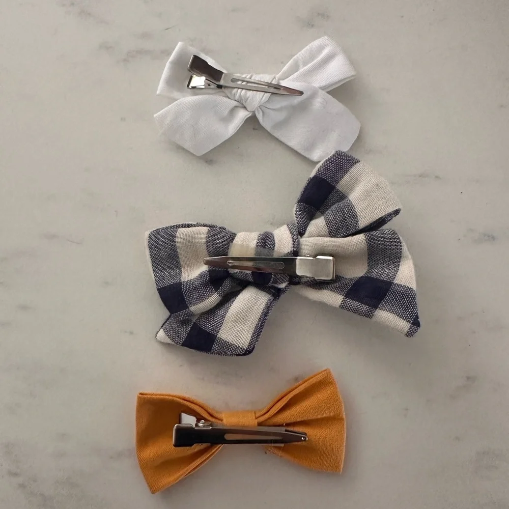 LITTLE POPPY CO COMPANY 3 clip bows blue white mustard yellow ivory